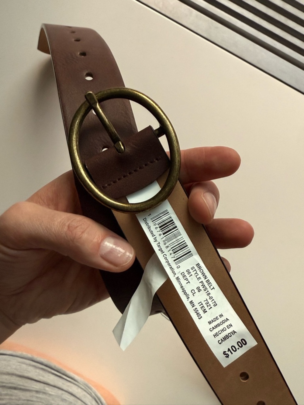 Brown Leather Belt with Antique Brass Round Buckle